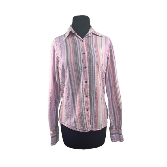 Cruel Girl Long Sleeve Striped Shirt Button Front Pastel Purple Pink L Western - Picture 1 of 9